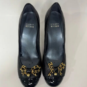 Stuart Weitzman Black Round Toe Chain Bow Pumps Size 6 1/2 M